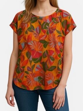 C&C California 100% Linen Knit Top in Orange Multi-color Sz Médium